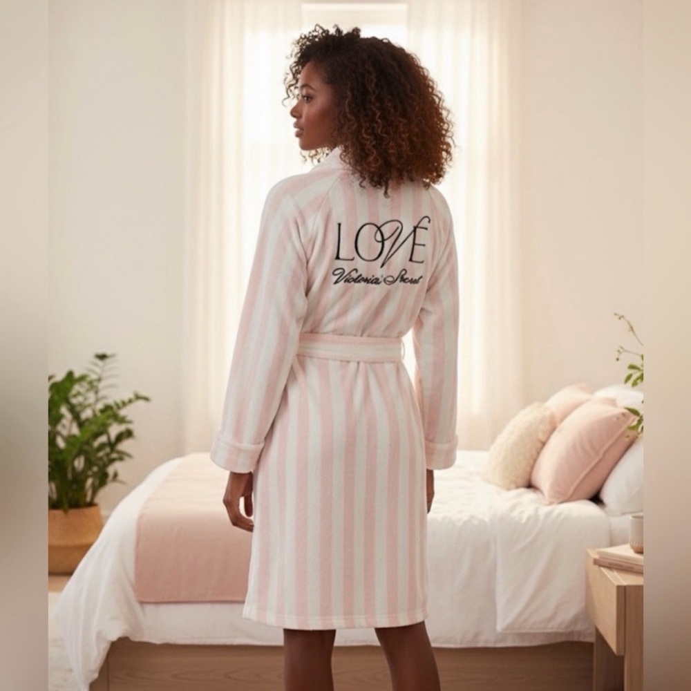 Victoria's Secret Pink & White Striped Plush Robe with LOVE Script